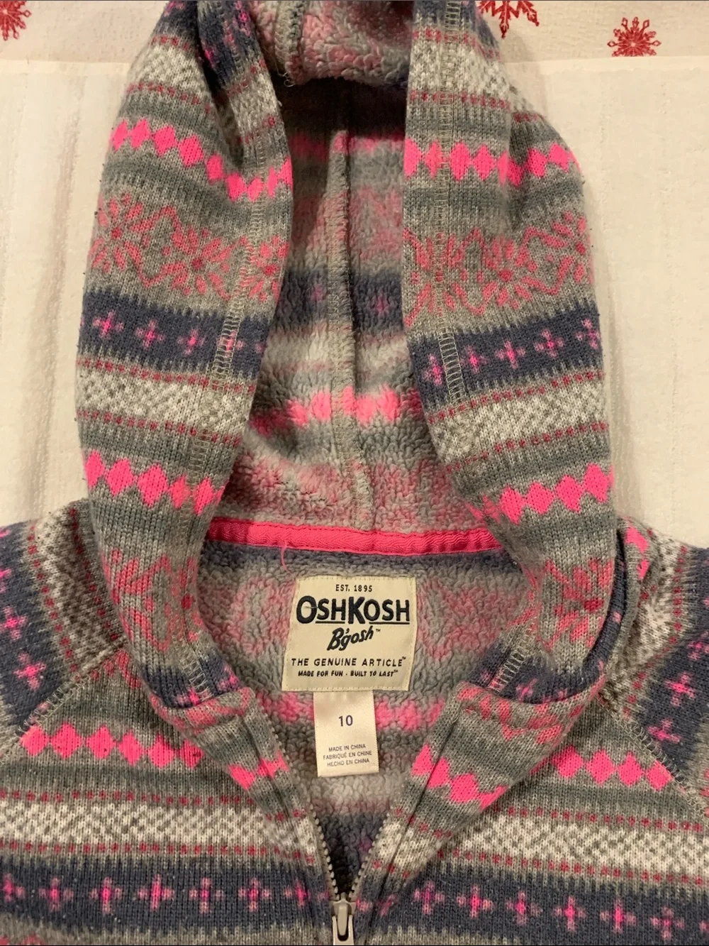 Oshkosh B’gosh Girls Fleece Lined Fair Isle Full Zip Hooded Sweater(Hoodie) 10